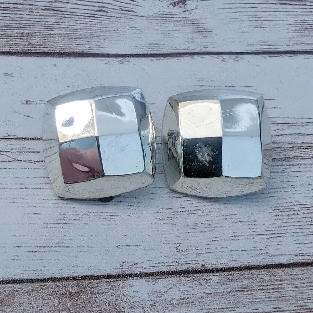 Vintage Clip On Earrings - Chunky Silver Tone - Scuffed